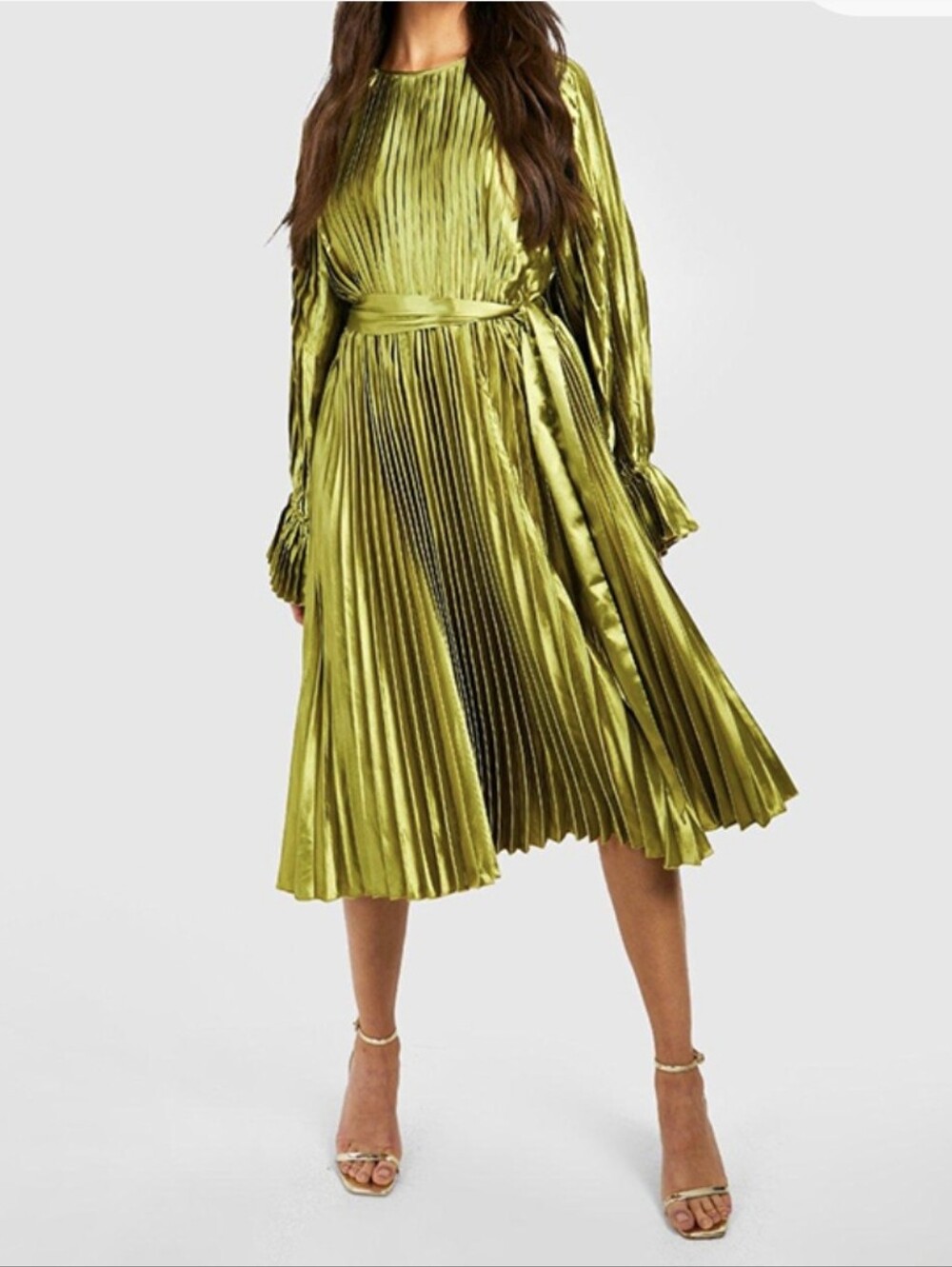 BNWT Green Satin/Poly Pleated Tie-Detail Midi Long Sleeve Holiday Dress - Picture 3 of 16
